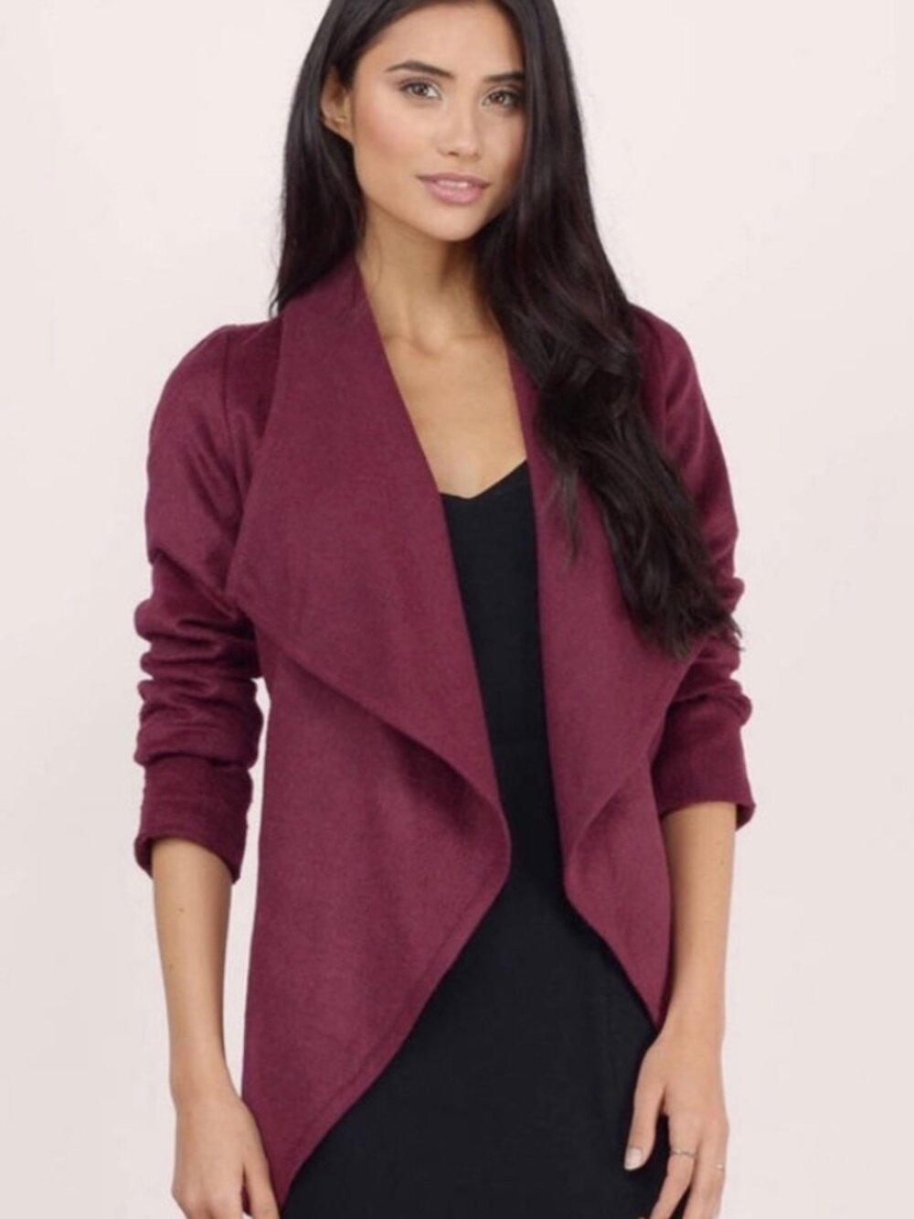 Tobi Women's Open Front Jacket Long Sleeve Faux Suede Burgundy Size M